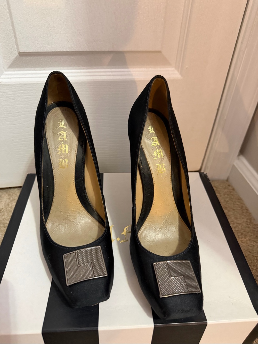 L.A.M.B. Black Satin Square-Toe Pumps with Metallic Buckle